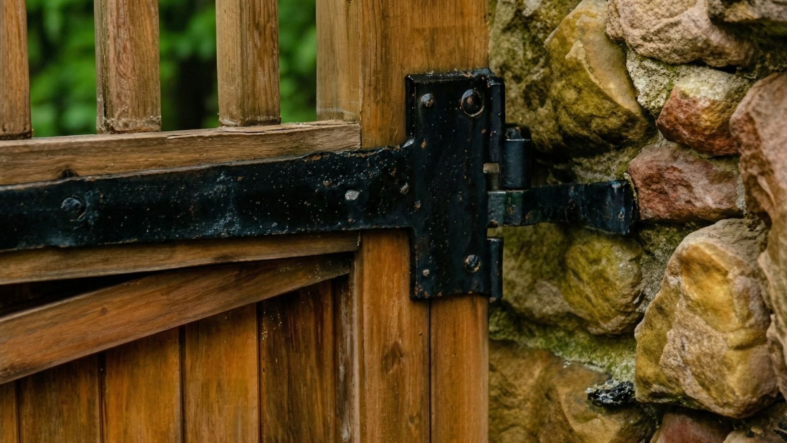 Close-up view of black wrought iron gate hardware and hinges mounted on wooden fence with stone wall background