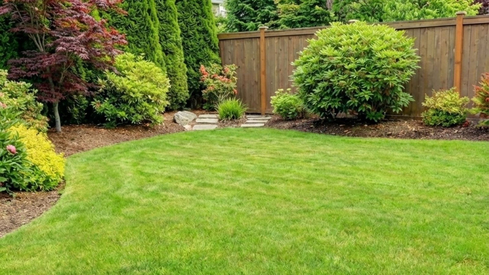 Well-maintained backyard with green lawn surrounded by wooden privacy fence and landscaped garden borders