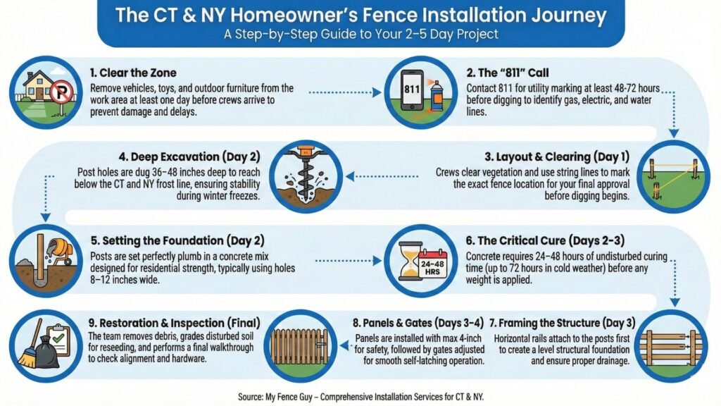 Step by step infographic outlining the fence installation process from site preparation through final inspection