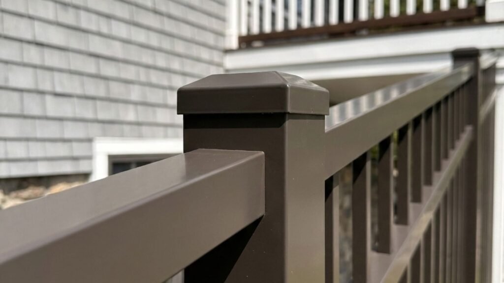 Close up view of a metal fence post and horizontal rail connection during installation