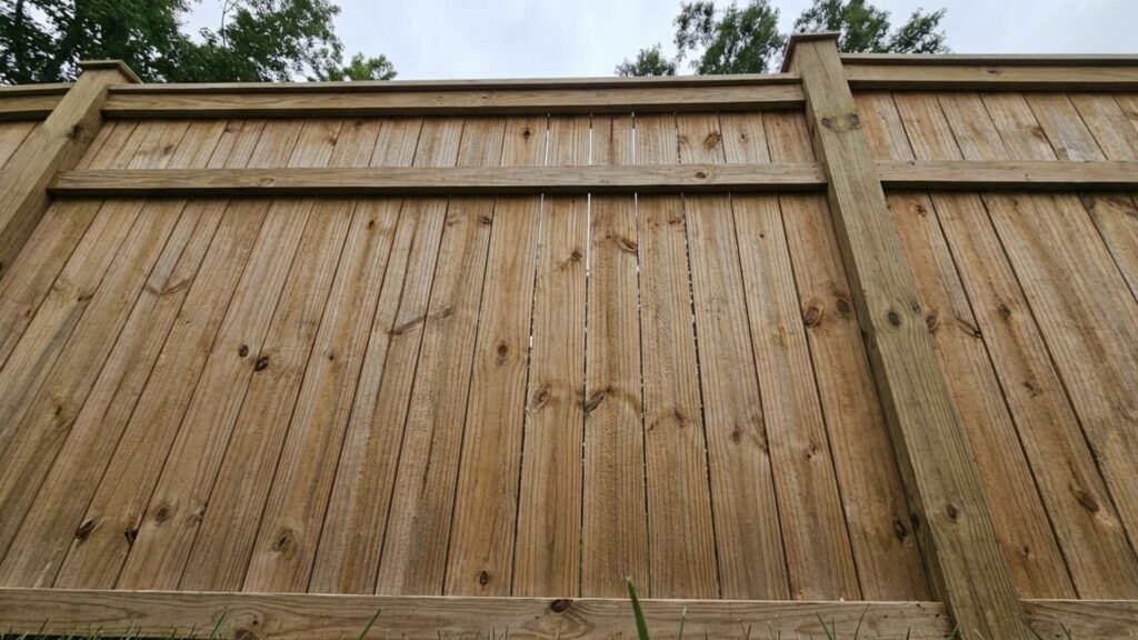 Natural wood privacy fence with vertical planks and horizontal support rails viewed from ground level