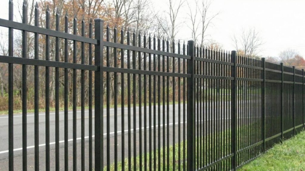 Black metal commercial fence with vertical pickets along roadway with autumn trees in background