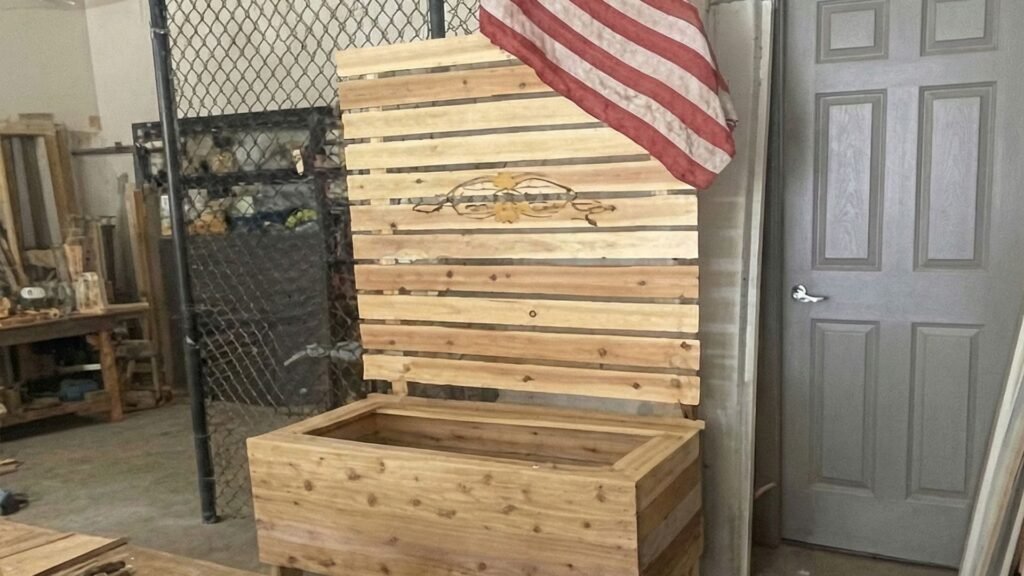Custom cedar planter with integrated back panel built in workshop