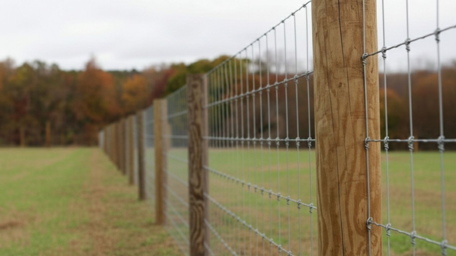 Wire mesh agricultural fence with wooden posts stretching across green field with autumn trees in background