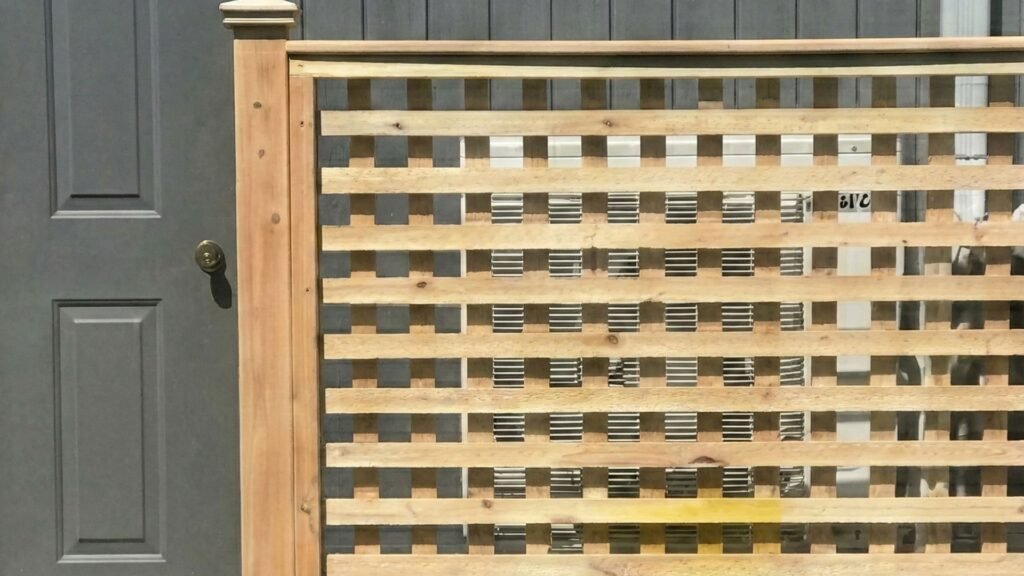 Custom cedar planter enclosure with decorative horizontal lattice pattern