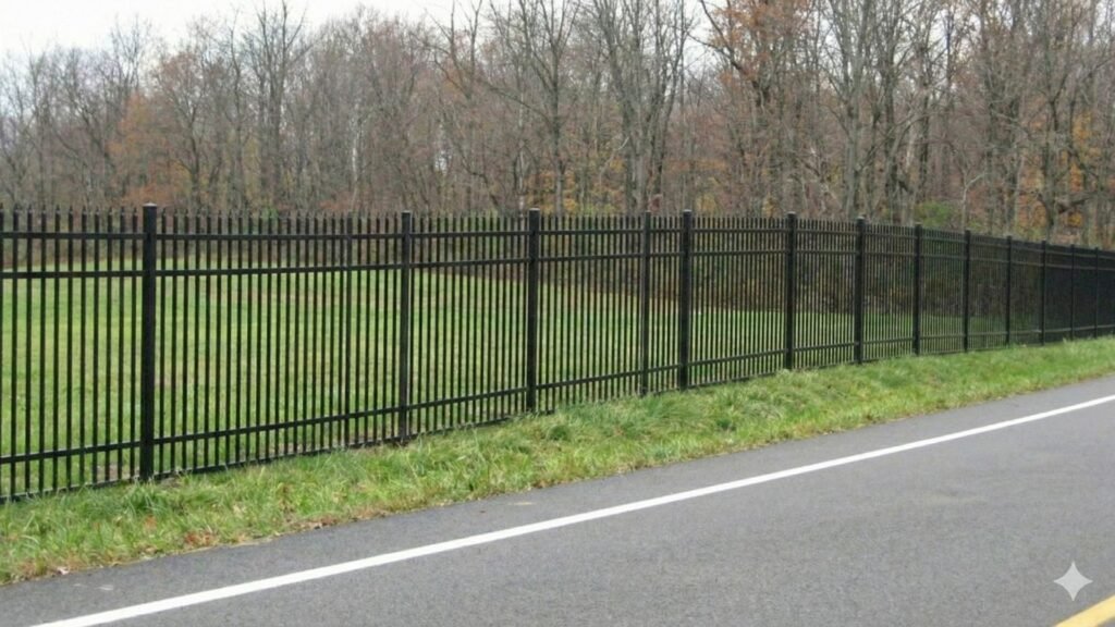 Black aluminum commercial fence with vertical pickets running along a paved road with grass and trees in background
