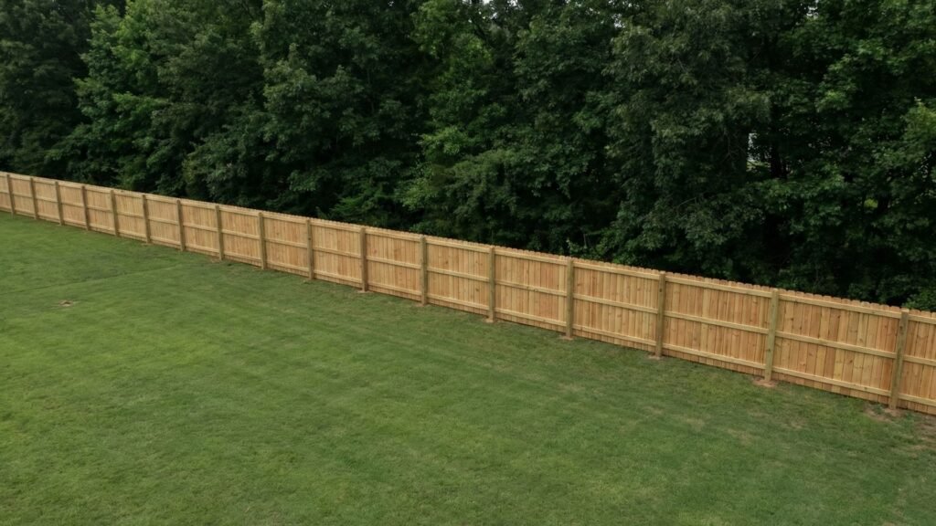 New wooden privacy fence with vertical slats running along property line next to green lawn and wooded area