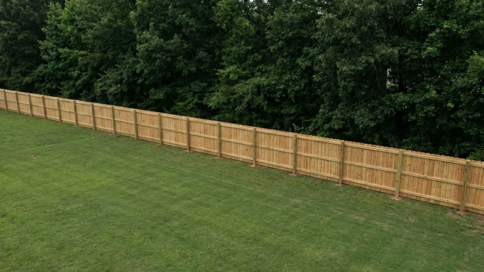 New wooden privacy fence with vertical slats running along property line next to green lawn and wooded area