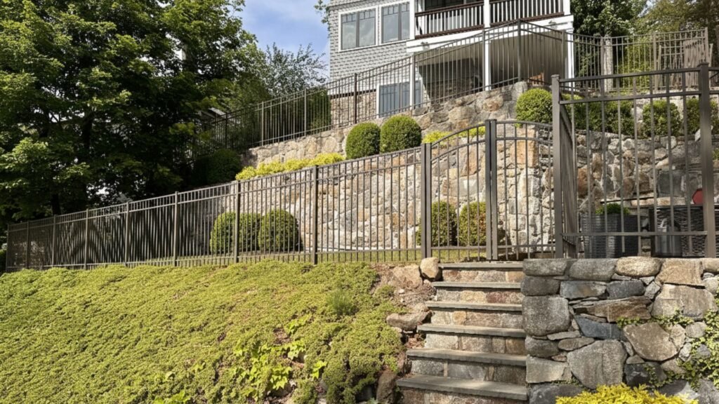 Aluminum fence installation along a stone retaining wall at a residential property in Connecticut and New York service areas