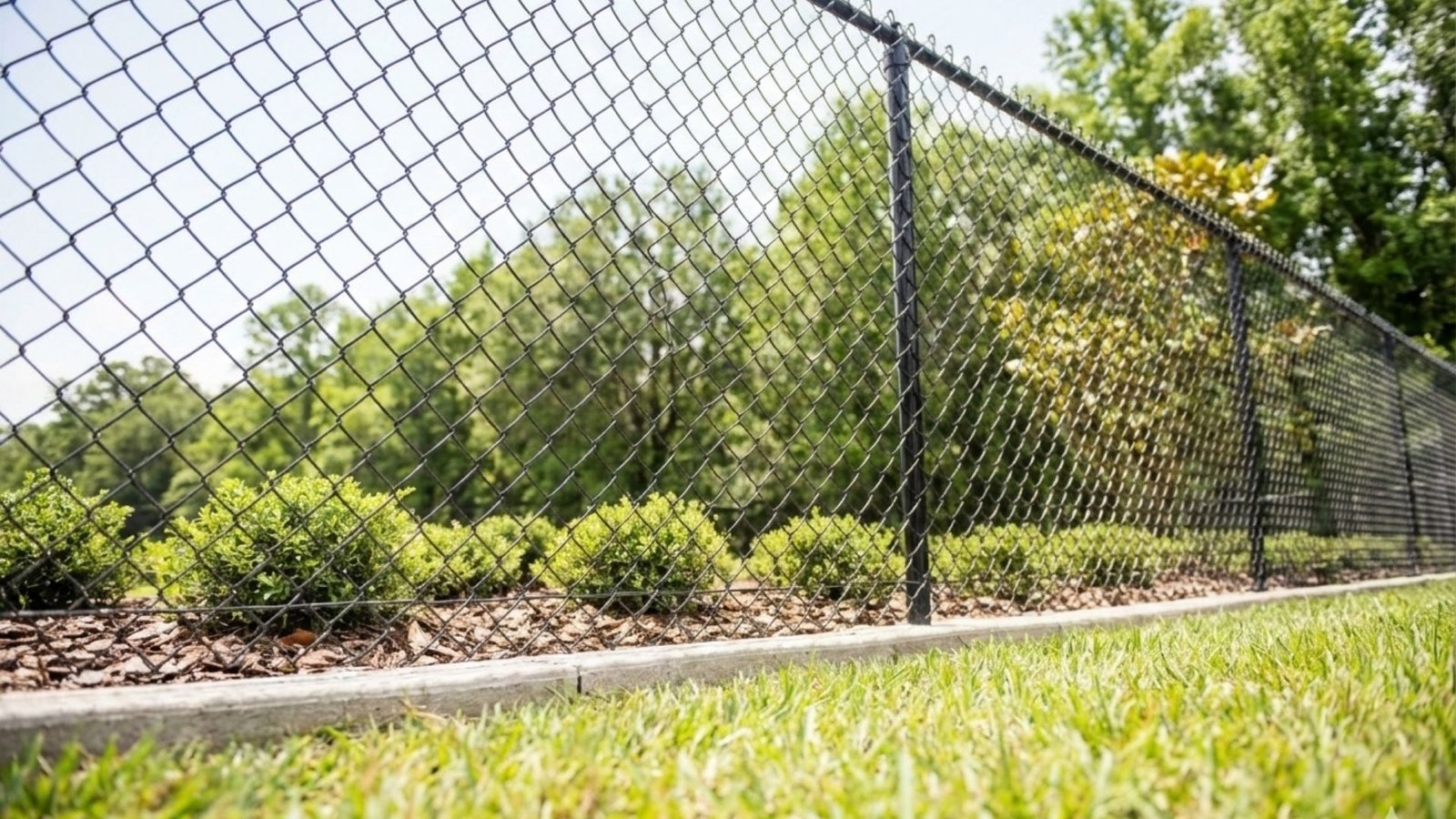 Professional chain link fence installation with metal posts extending along property line with landscaping