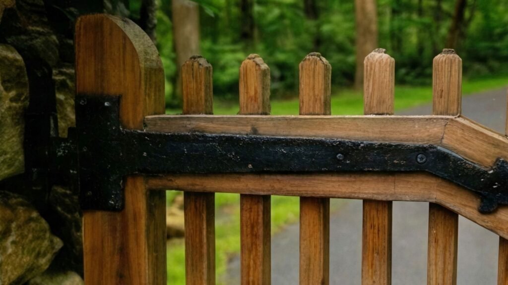 Close-up view of wooden estate gate with black metal hinges and hardware, showing quality craftsmanship and construction