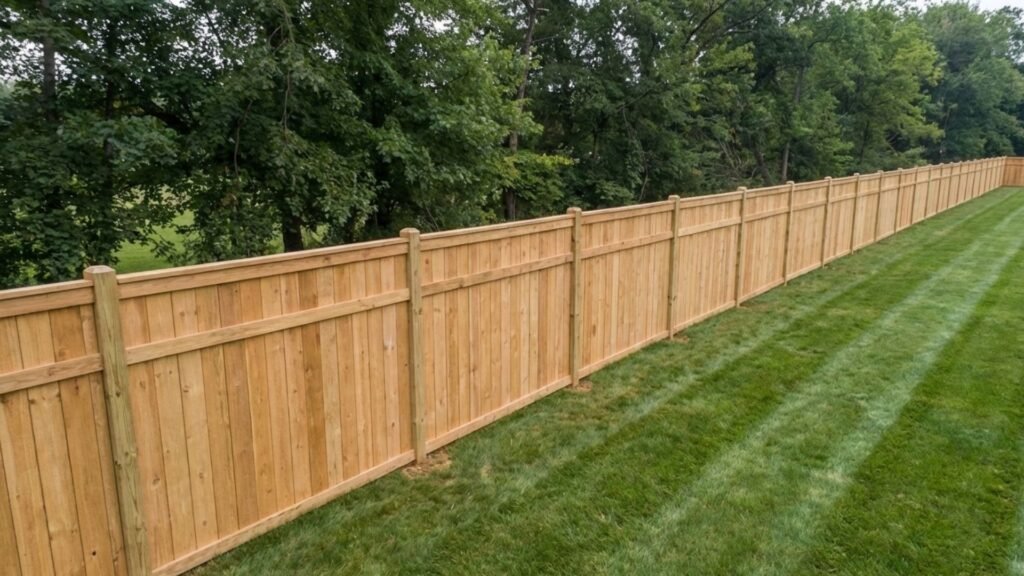 New cedar privacy fence with vertical slats installed along property line with lawn and trees in background