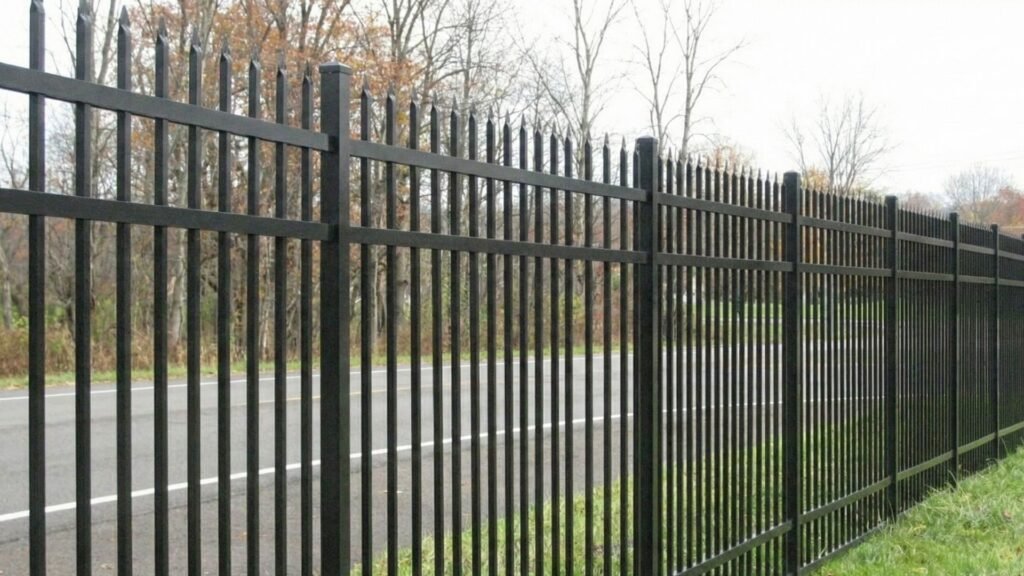 Black aluminum commercial fence with vertical pickets along roadway with autumn trees in background