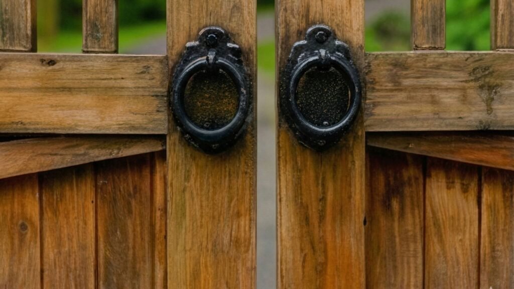 Close-up view of two black ornamental gate handles mounted on wooden estate gate doors with vertical slat design