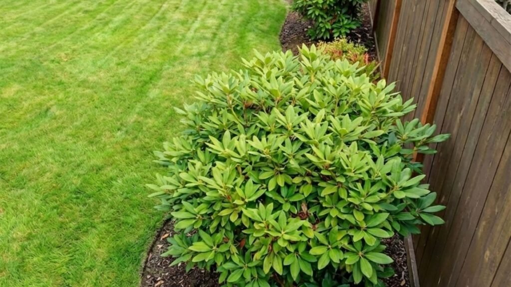 Well-maintained backyard with wooden privacy fence and landscaped garden beds featuring rhododendron shrubs