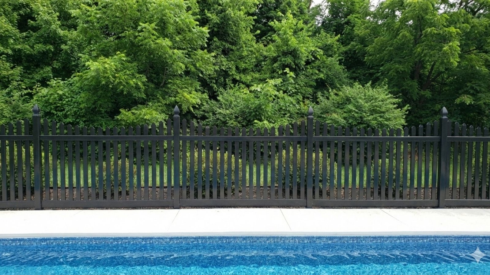 Black aluminum pool fence with decorative posts beside blue swimming pool with lush green trees in background