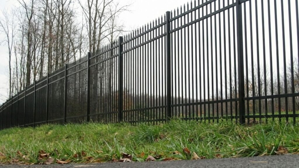 Black metal security fence with vertical pickets extending along grassy area with bare trees in background