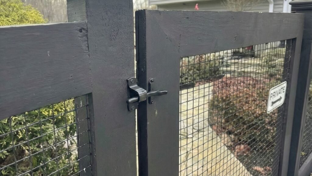 Dark gray fence gate with mesh panels and latch hardware, private property sign visible on residential fence