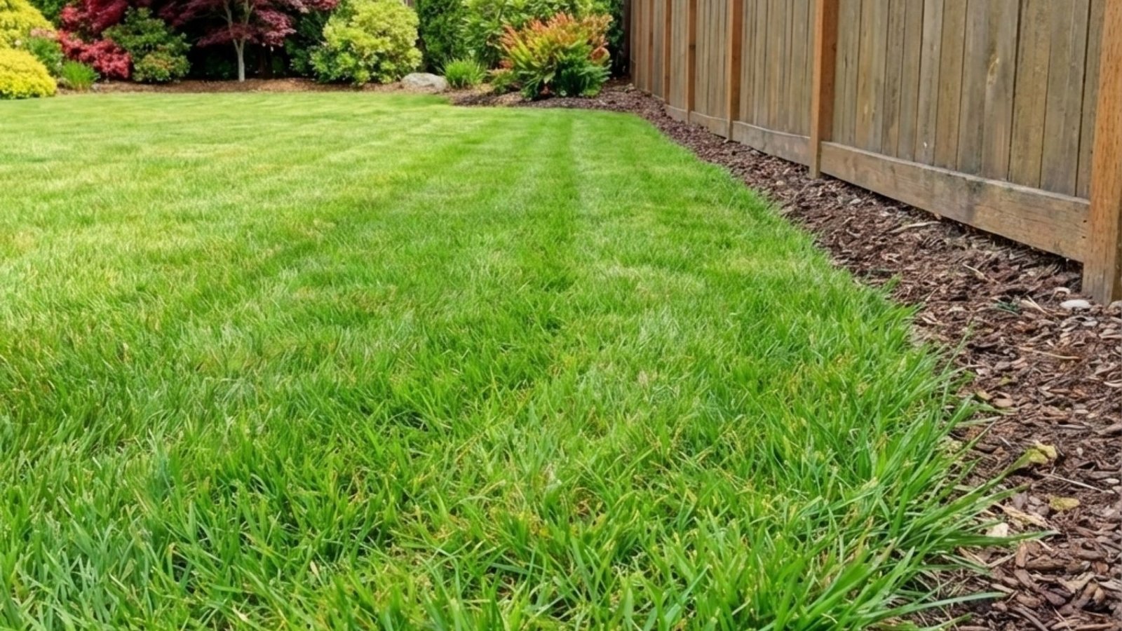 Well-maintained backyard with green lawn, wooden privacy fence, landscaping, and mulched border perfect for pet containment