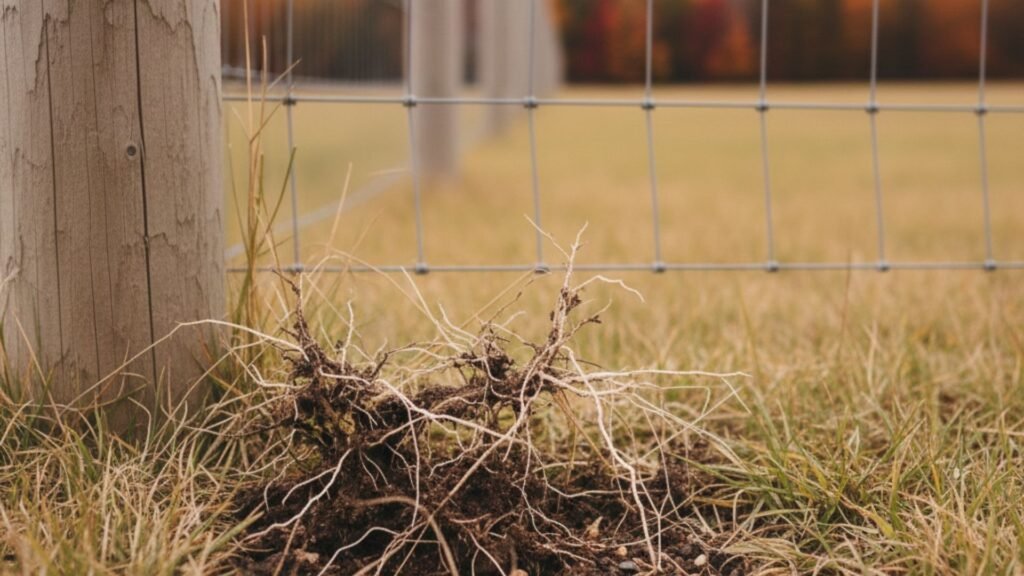 Weathered fence post with wire mesh fencing overlooking golden autumn field with fall foliage in background
