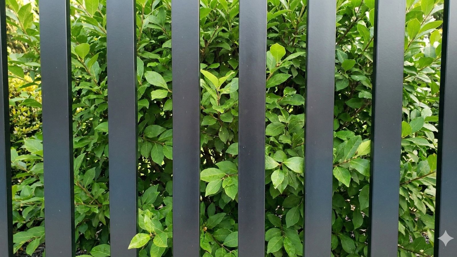 Dark gray vertical metal fence bars with lush green foliage visible between the slats showing professional pool fencing