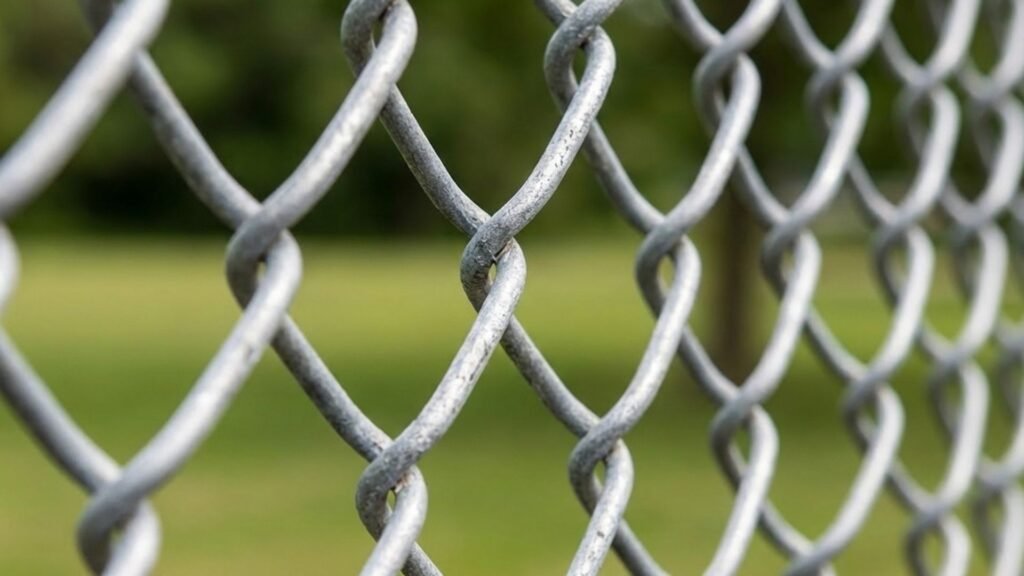 Close-up view of galvanized chain link fence with diamond pattern mesh against blurred green background