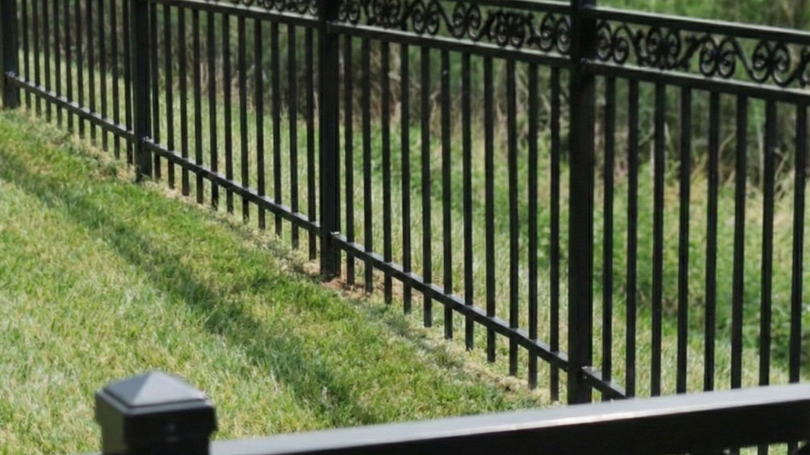 Black ornamental iron fence with decorative scrollwork running along a grassy hillside with trees in background