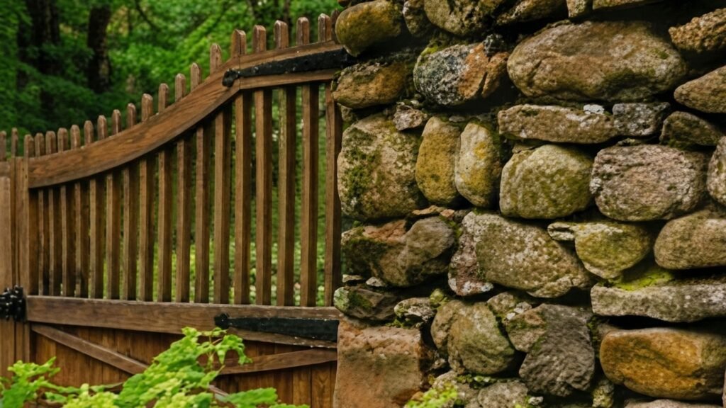 Custom wooden estate gate installed alongside natural stone wall