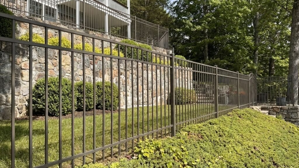 Black aluminum fence with vertical pickets installed along stone retaining wall in residential yard with landscaping