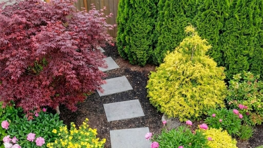 Beautiful landscaped garden corner with stepping stone path, colorful shrubs, evergreens, and pink flowers on mulched beds