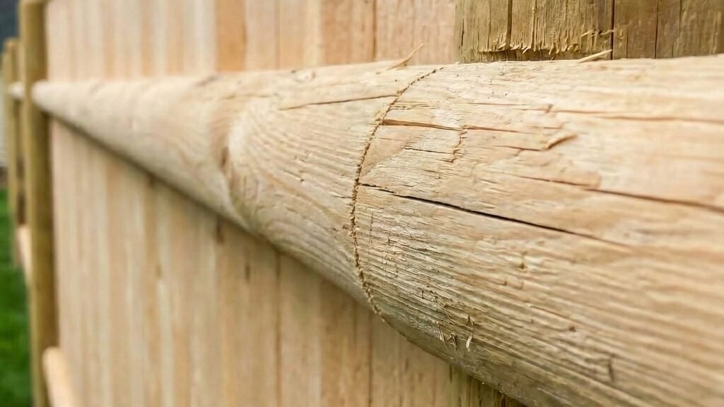 Close-up view of wooden fence cap rail showing natural wood grain texture and weathered finish on privacy fencing
