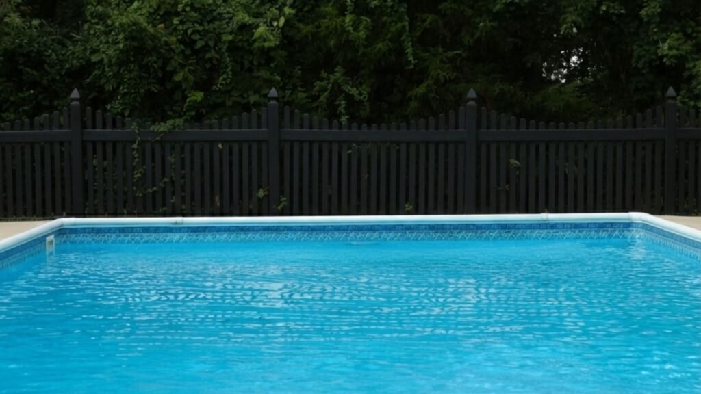 Clear blue swimming pool with dark wooden privacy fence and lush green trees in residential backyard setting