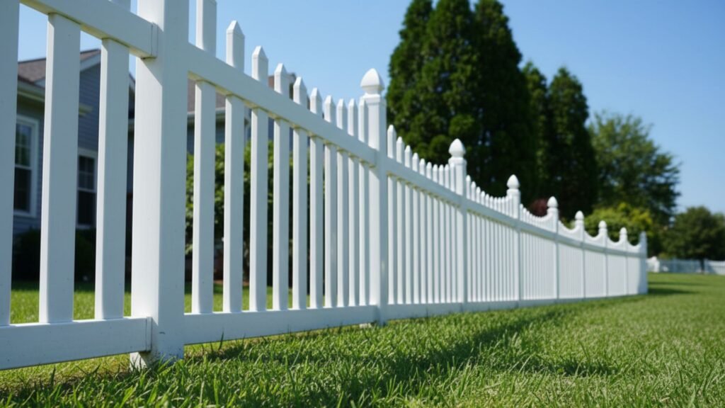 Close up view of a white vinyl fence installed by a professional fencing contractor in Connecticut