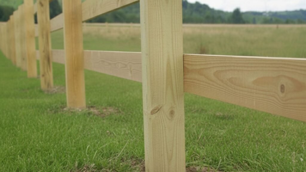 Wooden agricultural fence posts with horizontal rails installed in green pasture field with rolling hills