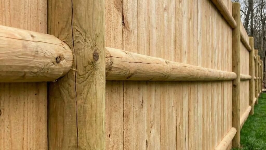 Wooden privacy fence with horizontal rails showing quality construction for pet containment and yard security