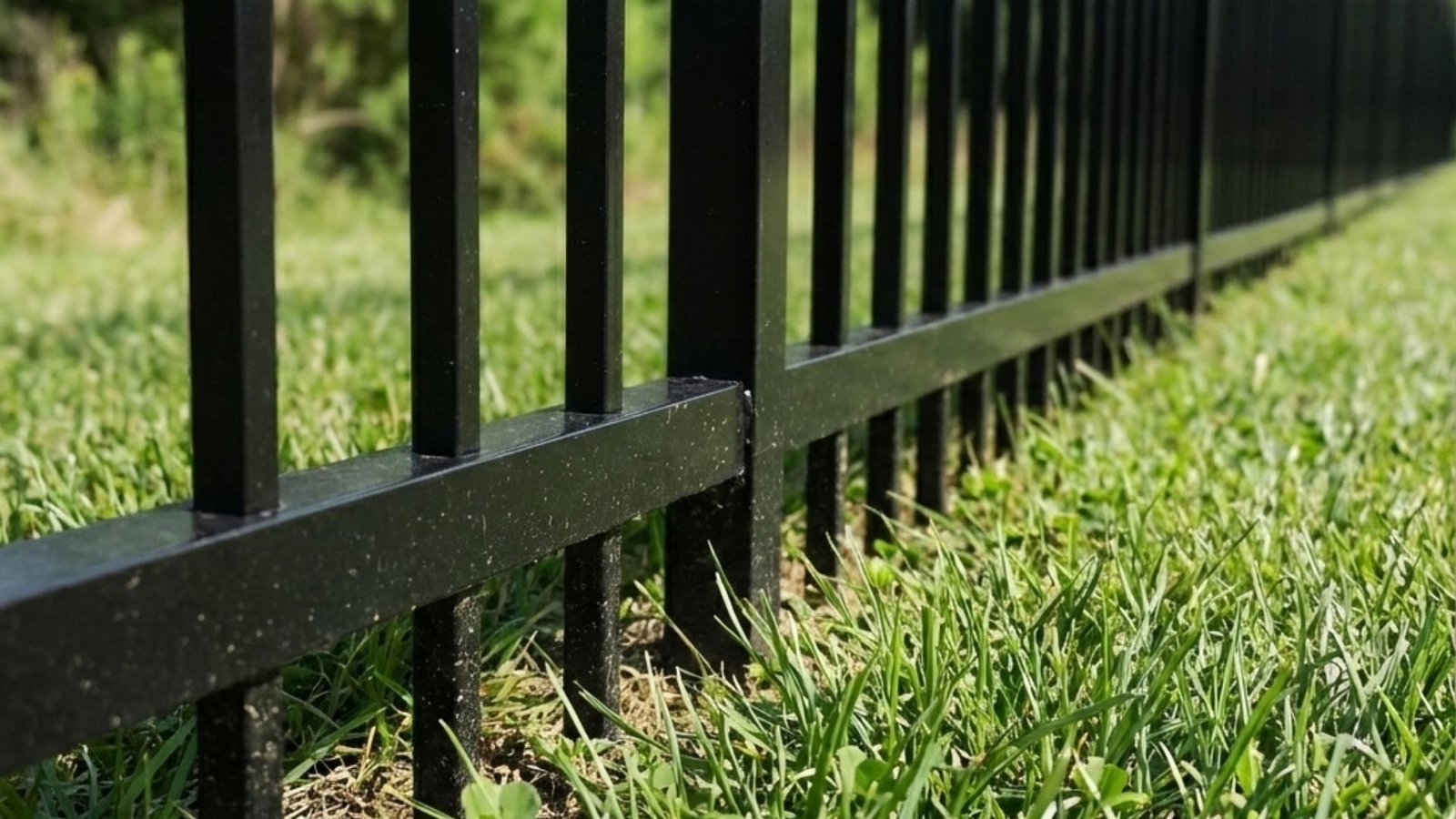 Black metal ornamental fence with vertical pickets installed along grassy yard perimeter