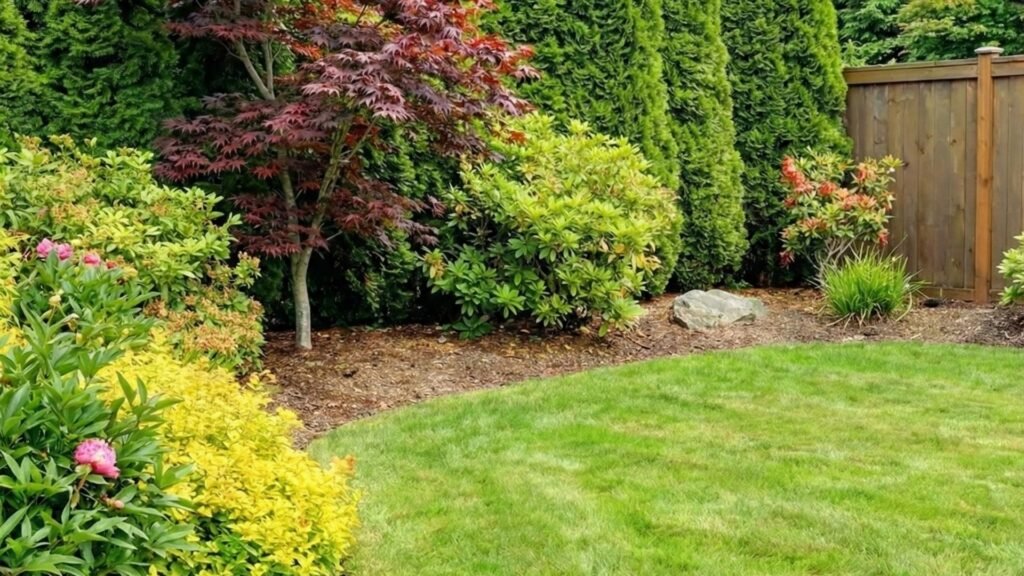 Well-maintained backyard with wooden privacy fence, Japanese maple, evergreen trees, and landscaped garden beds