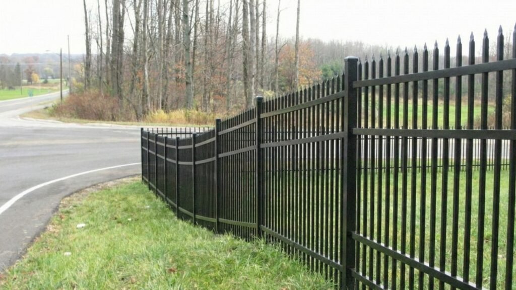 Black metal picket commercial fence installation along roadway with curved corner section and autumn trees