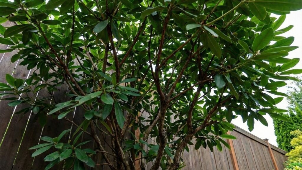 Large green shrub growing next to wooden fence in backyard landscaping with mulched garden bed