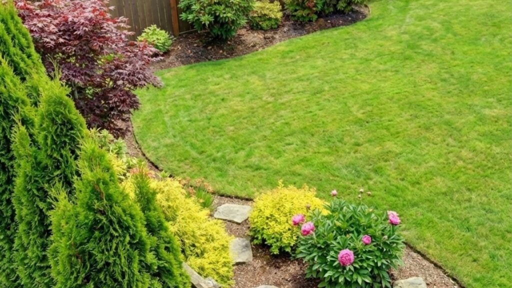 Well-maintained backyard with wooden privacy fence, landscaped garden beds, and open lawn space suitable for pets