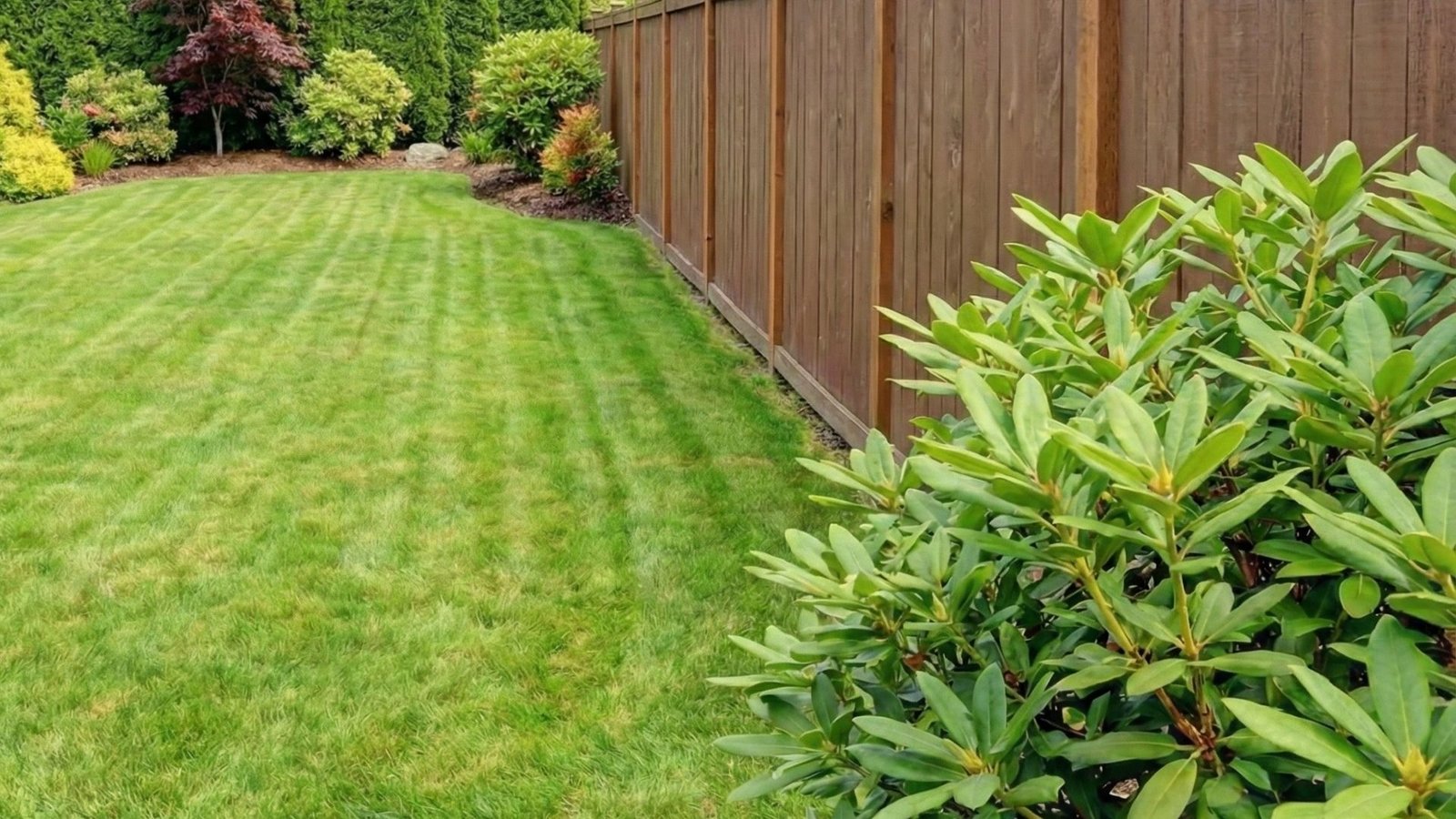 Well-maintained backyard with wooden privacy fence, green lawn with mowing stripes, and landscaped garden beds