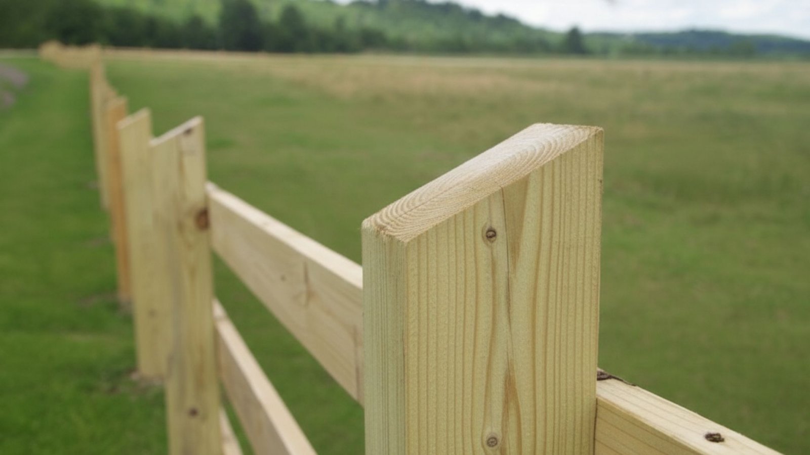 Close-up view of new wooden fence posts and rails in rural farm field with green hills in background