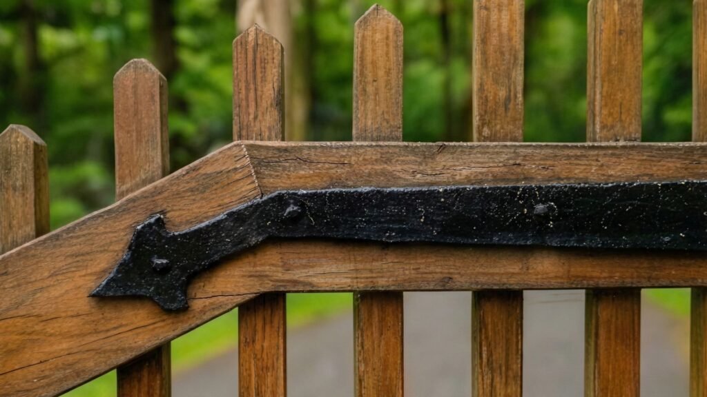 Weathered wooden fence gate with black metal hinges and hardware against green foliage background