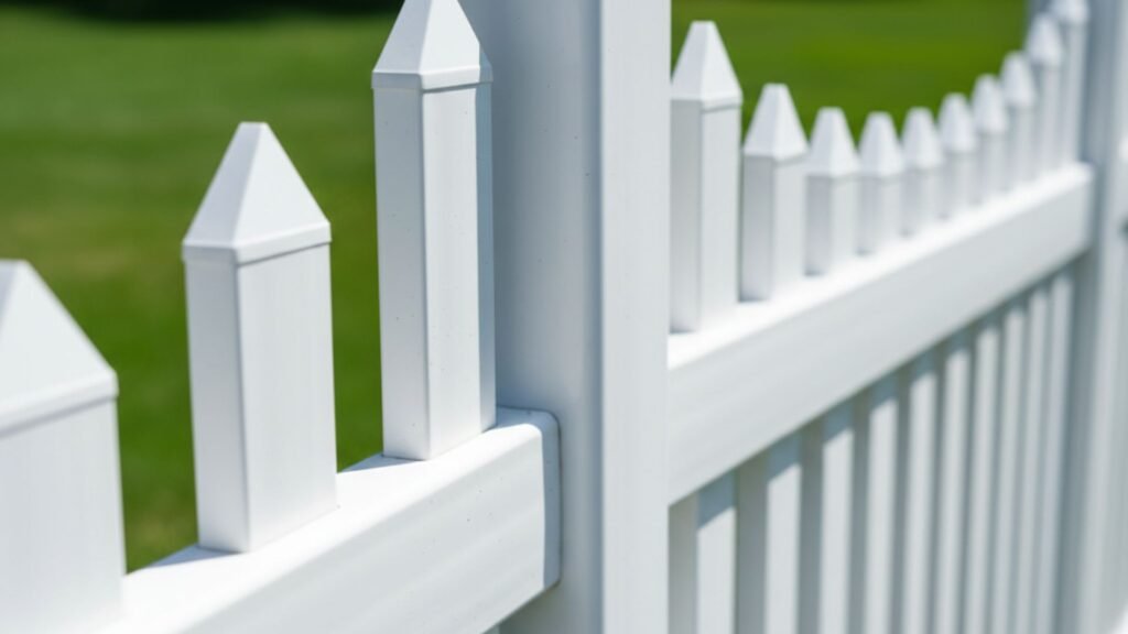 Detailed view of white vinyl fence posts and rails installed by a fencing contractor in Connecticut