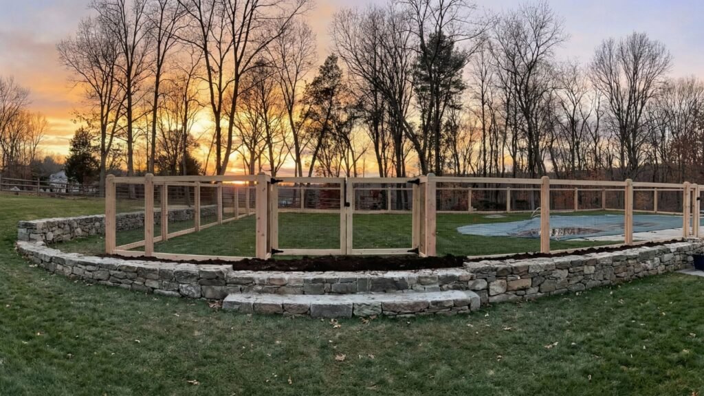 Custom wood fencing installed on a curved stone wall surrounding a residential pool area in Western CT