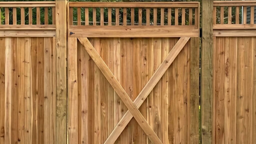 Professional wooden fence with decorative cross bracing and vertical slats installed in residential backyard
