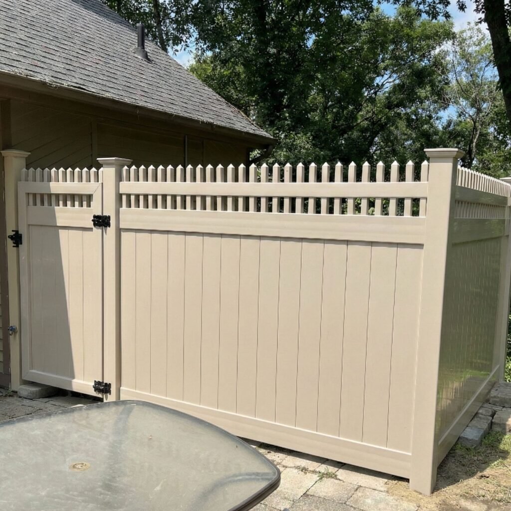 Beige vinyl privacy fence with decorative picket top and gate installation in residential backyard setting