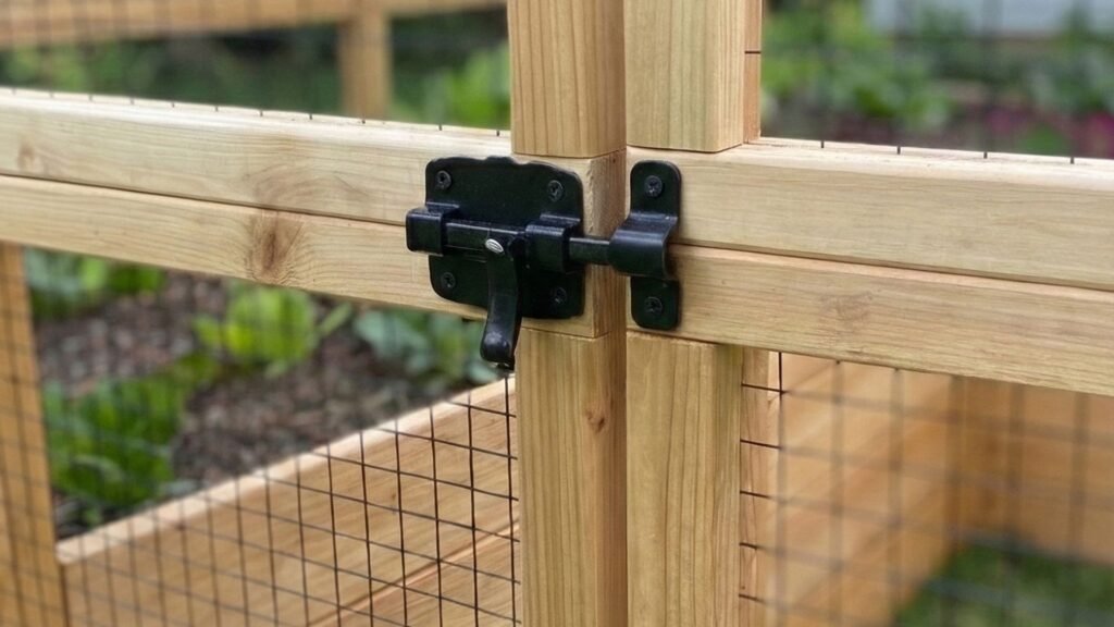 Black metal gate latch hardware installed on cedar fence gate with wire mesh panel in Bedford NY