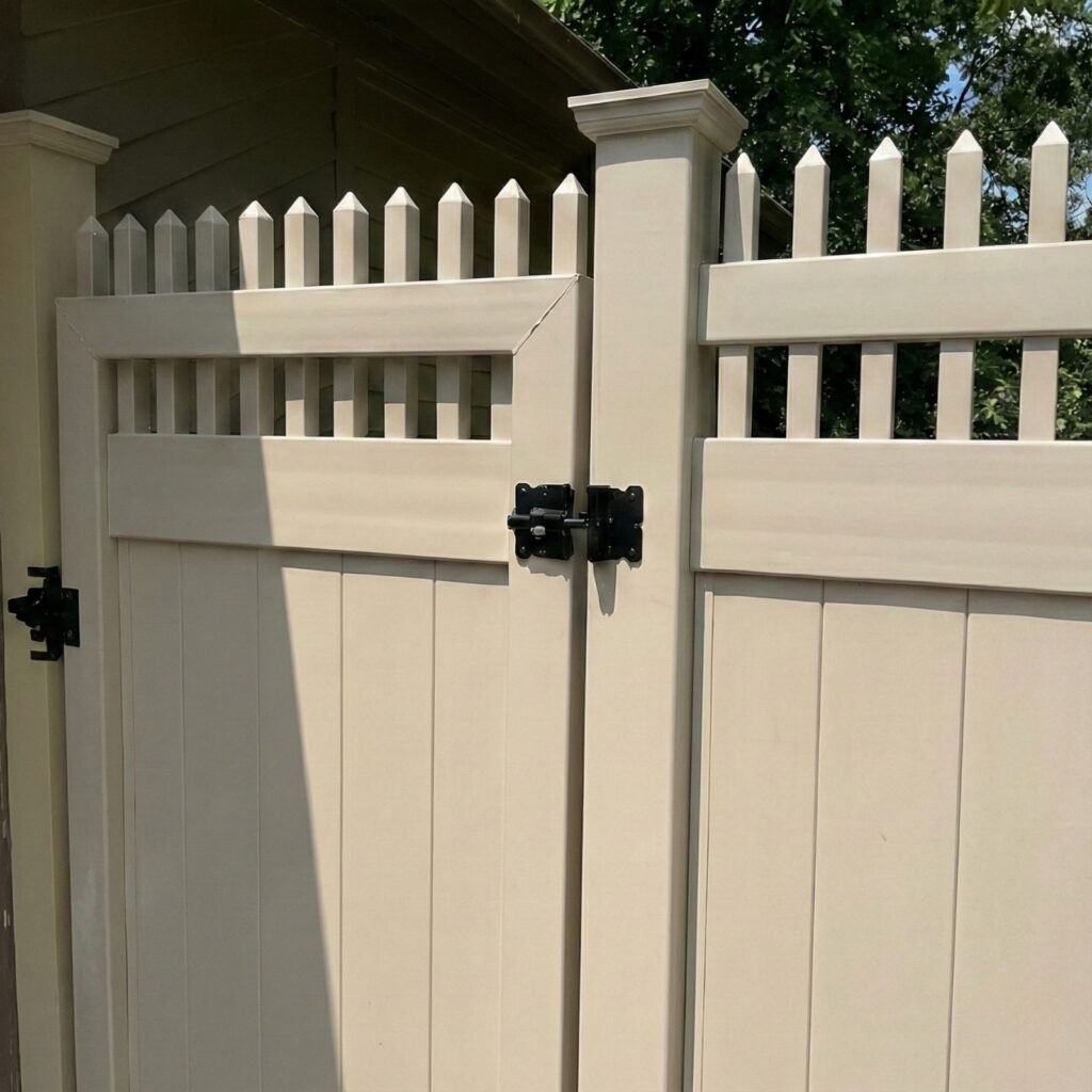 Beige vinyl privacy fence with decorative picket top and black hinges on gate posts