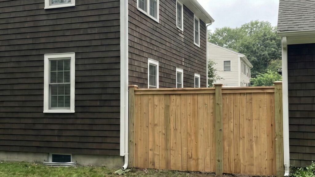 New cedar privacy fence installation showing wooden panels between two houses in Bedford NY residential area